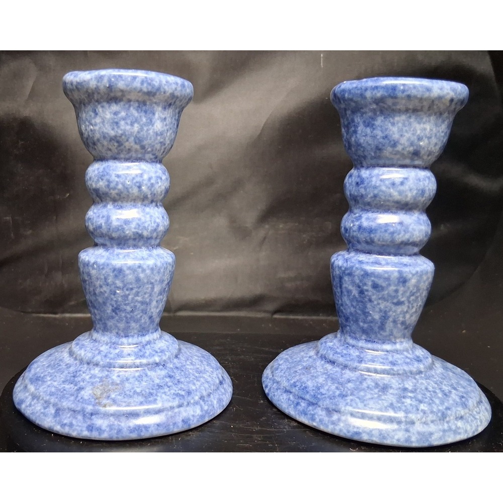 Blue Sponge‎ Ware Ceramic Taper Candlestick Holders Pair Vintage Farmhouse Style